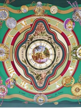 Hermes Green, Gold & Red Clock Medallion Silk Scarf